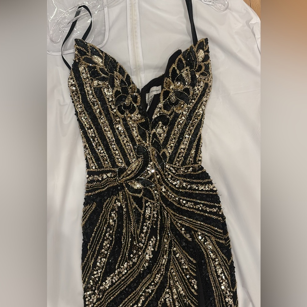 Ashely Lauren Black & Gold Sequin Evening Dress with Spaghetti Straps
